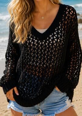 NEW MIRACLE crochet open knit sweater in black
